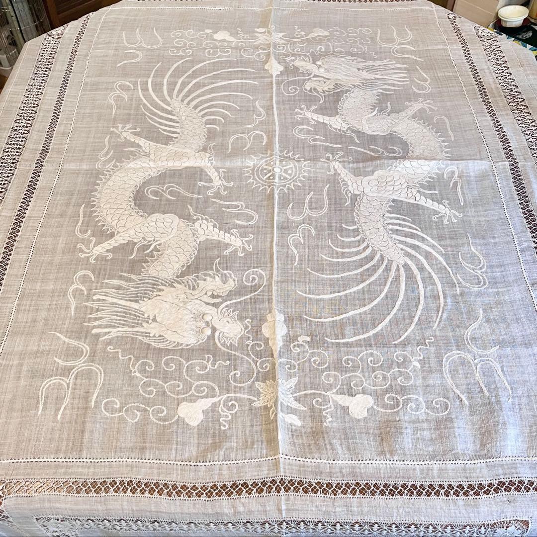 麻 リネン 刺繍 テーブルクロス ドラゴン 龍 ホワイト ベッドカバー