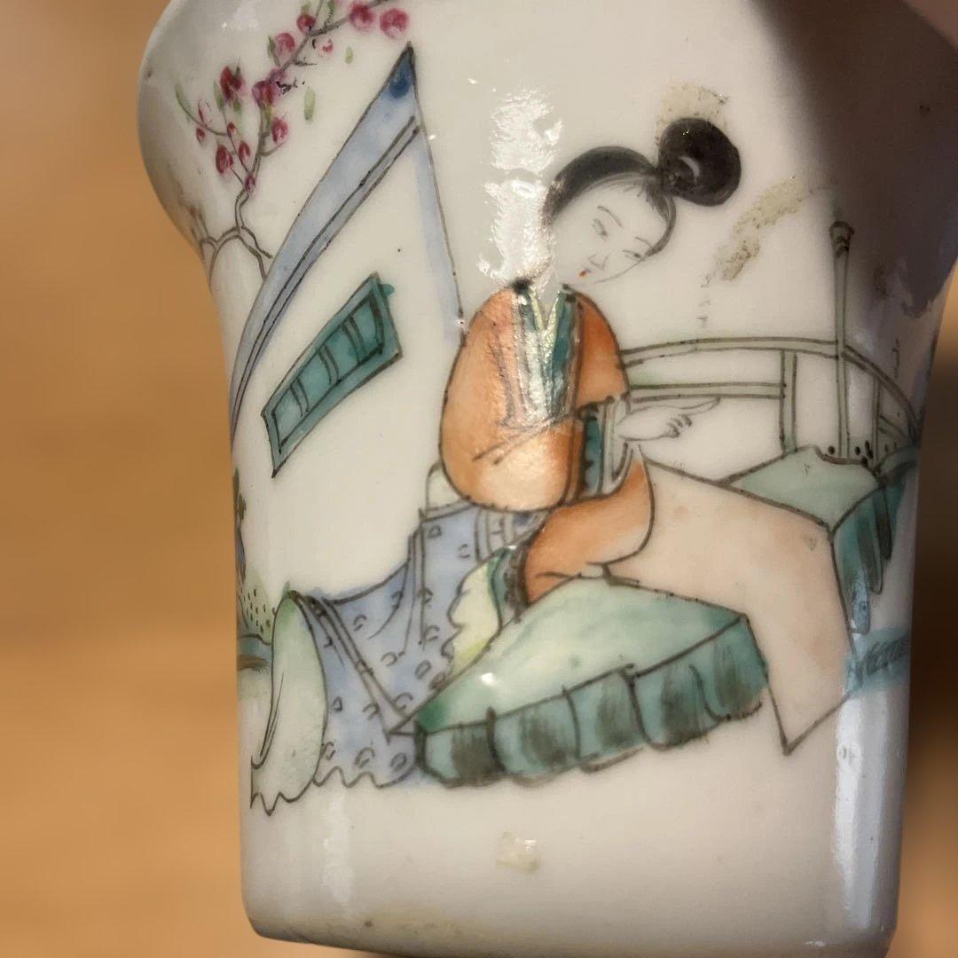 中国民国時代の手描き茶碗 女性と風景の絵柄