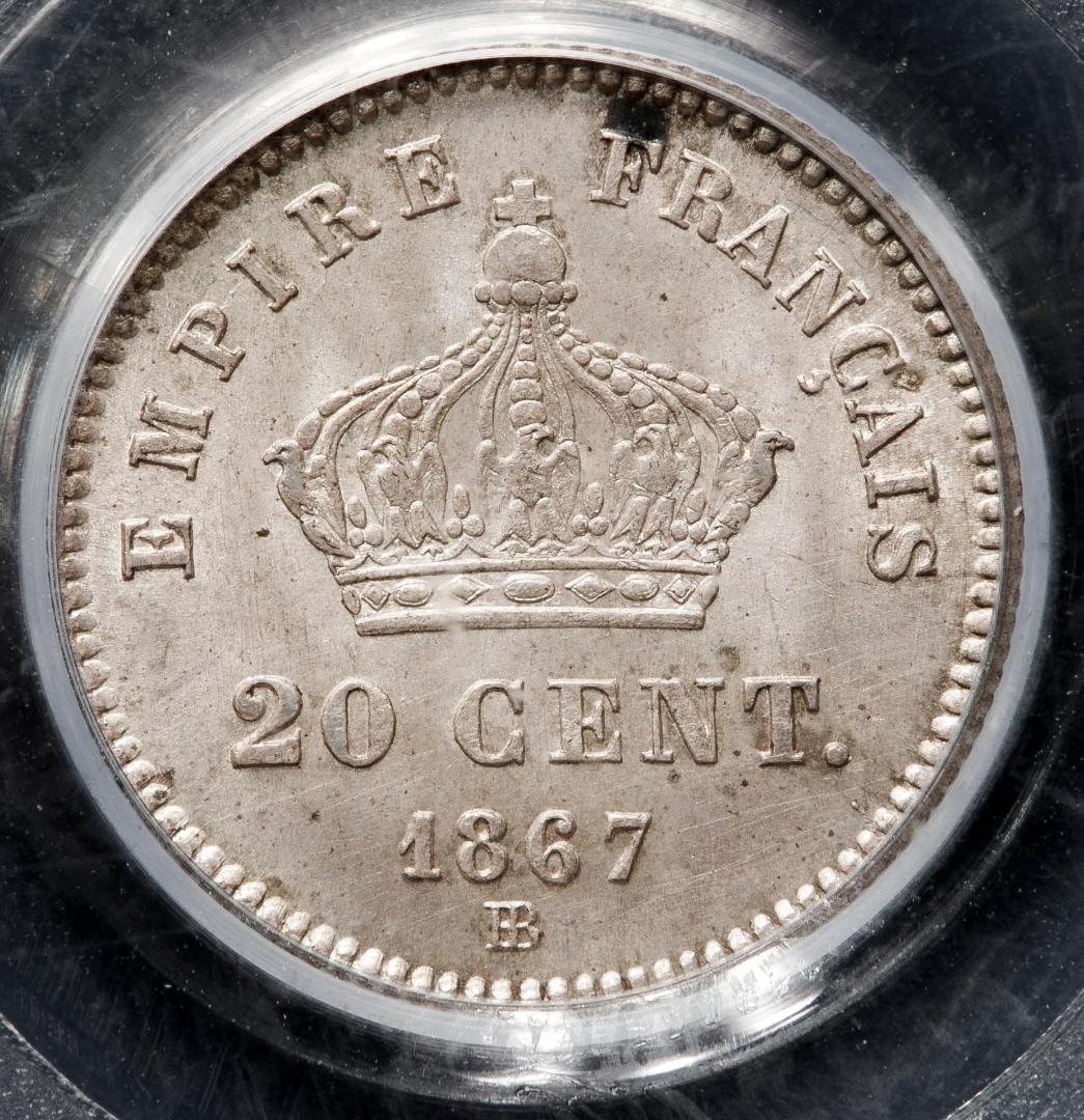 高鑑定　PCGS-MS65 フランス　ナポレオン3世 　1867BB　銀貨