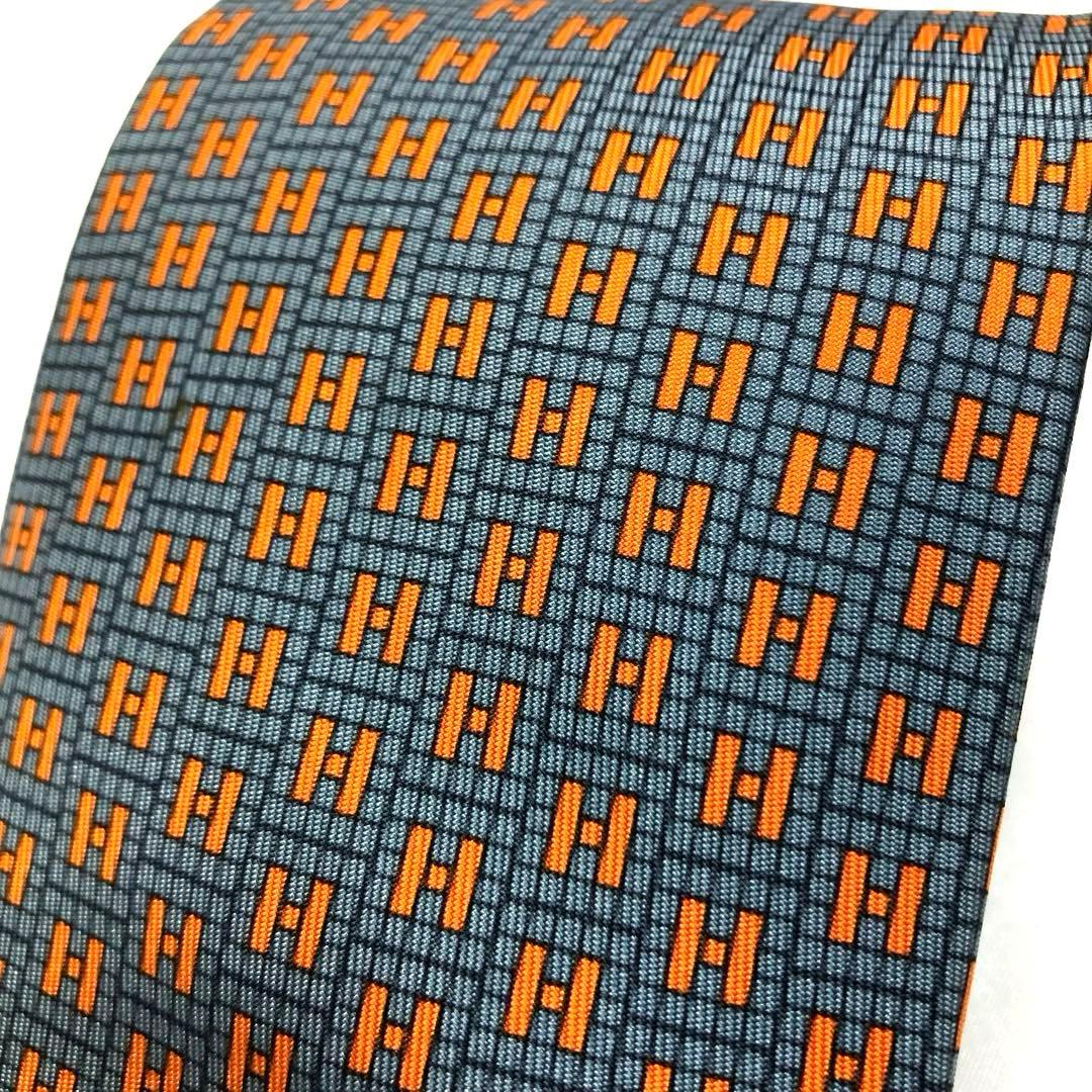 美品✨　HERMES エルメス　ネクタイ　グレー　オレンジ　H柄　シルク　箱付き