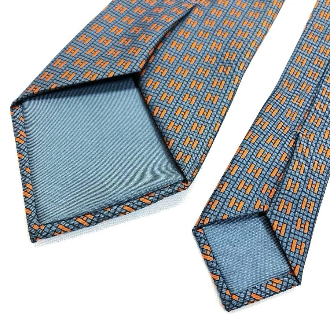 美品✨　HERMES エルメス　ネクタイ　グレー　オレンジ　H柄　シルク　箱付き