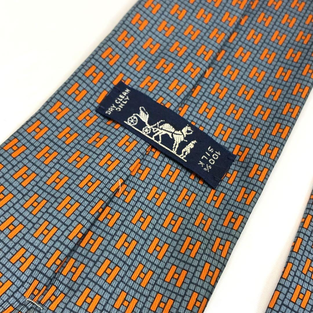 美品✨　HERMES エルメス　ネクタイ　グレー　オレンジ　H柄　シルク　箱付き