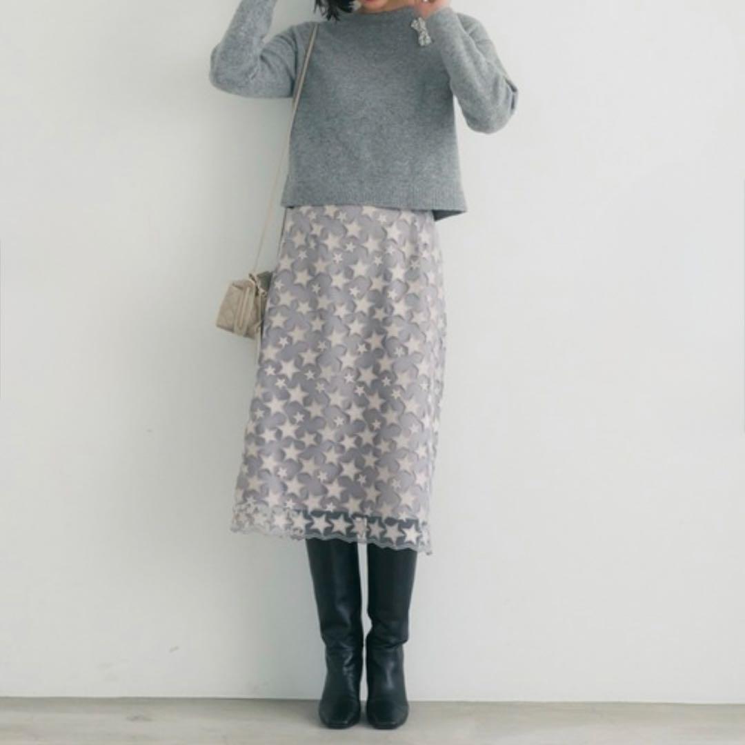 ANAYI アナイ　スターエンブロイダリーＡライン　スカート　星　刺繍　36
