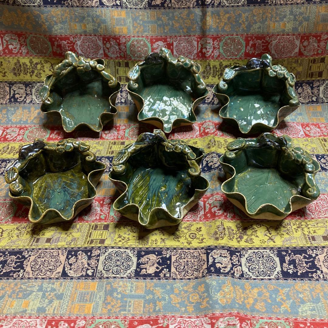 ぶどうの葉形 向付 6客 和食器 懐石料理道具 1客カケ有(最後2枚の写真) ￼