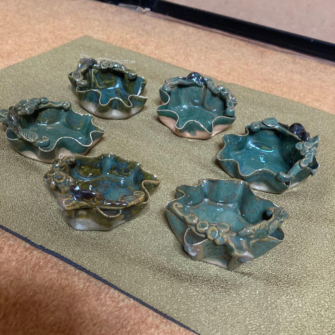 ぶどうの葉形 向付 6客 和食器 懐石料理道具 1客カケ有(最後2枚の写真) ￼