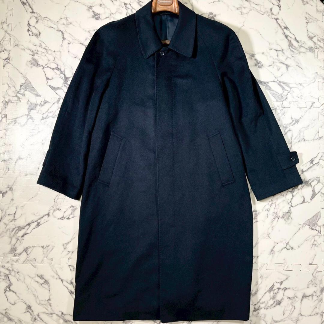 ✨美品/カシミヤ100%✨(L) 着丈110cm ロング丈 ステンカラーコート紺