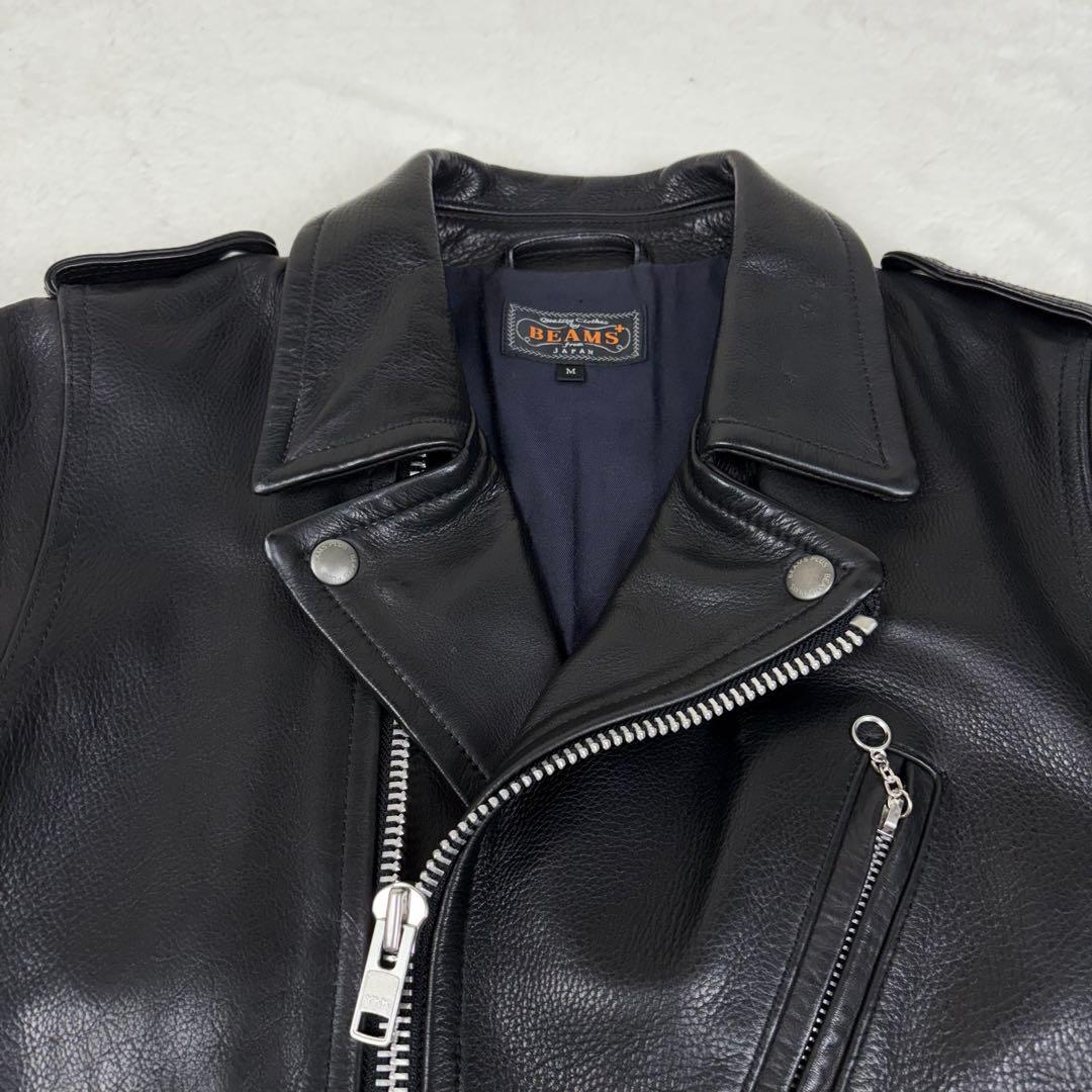 美品 BEAMS+ ライダースジャケット 牛革 ダブル レザージャケット 黒