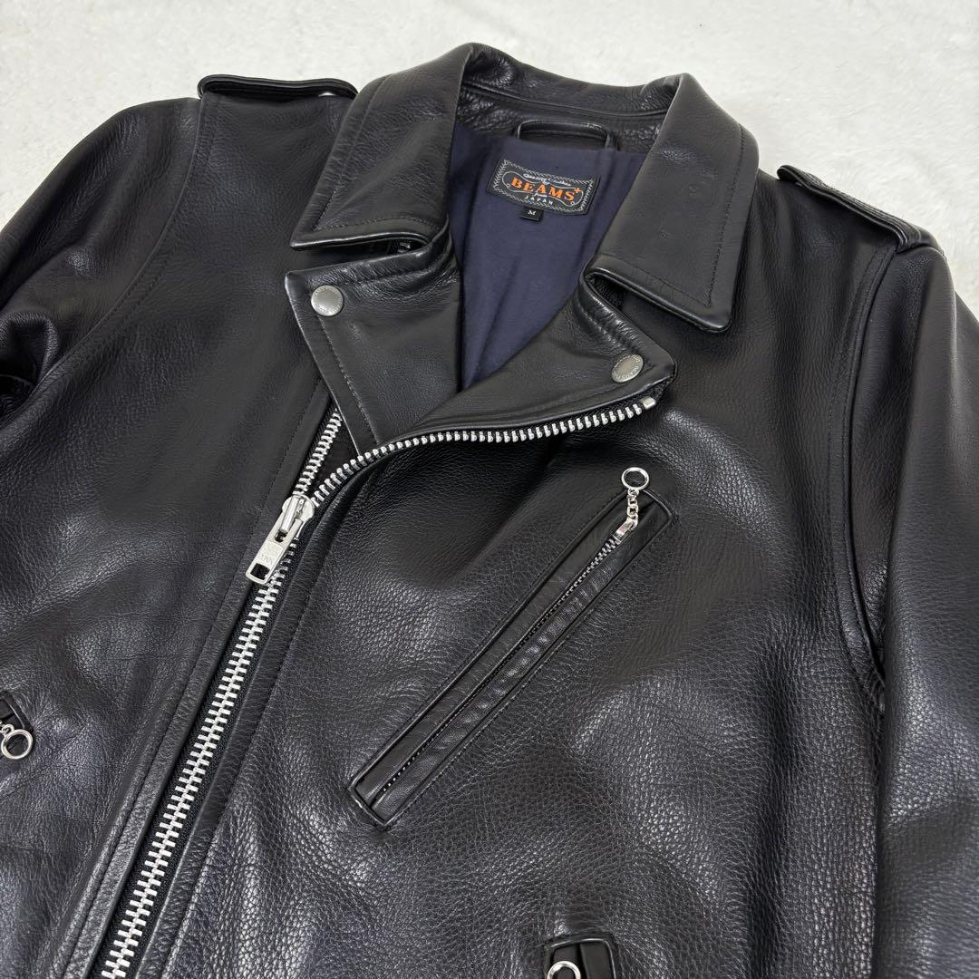 美品 BEAMS+ ライダースジャケット 牛革 ダブル レザージャケット 黒