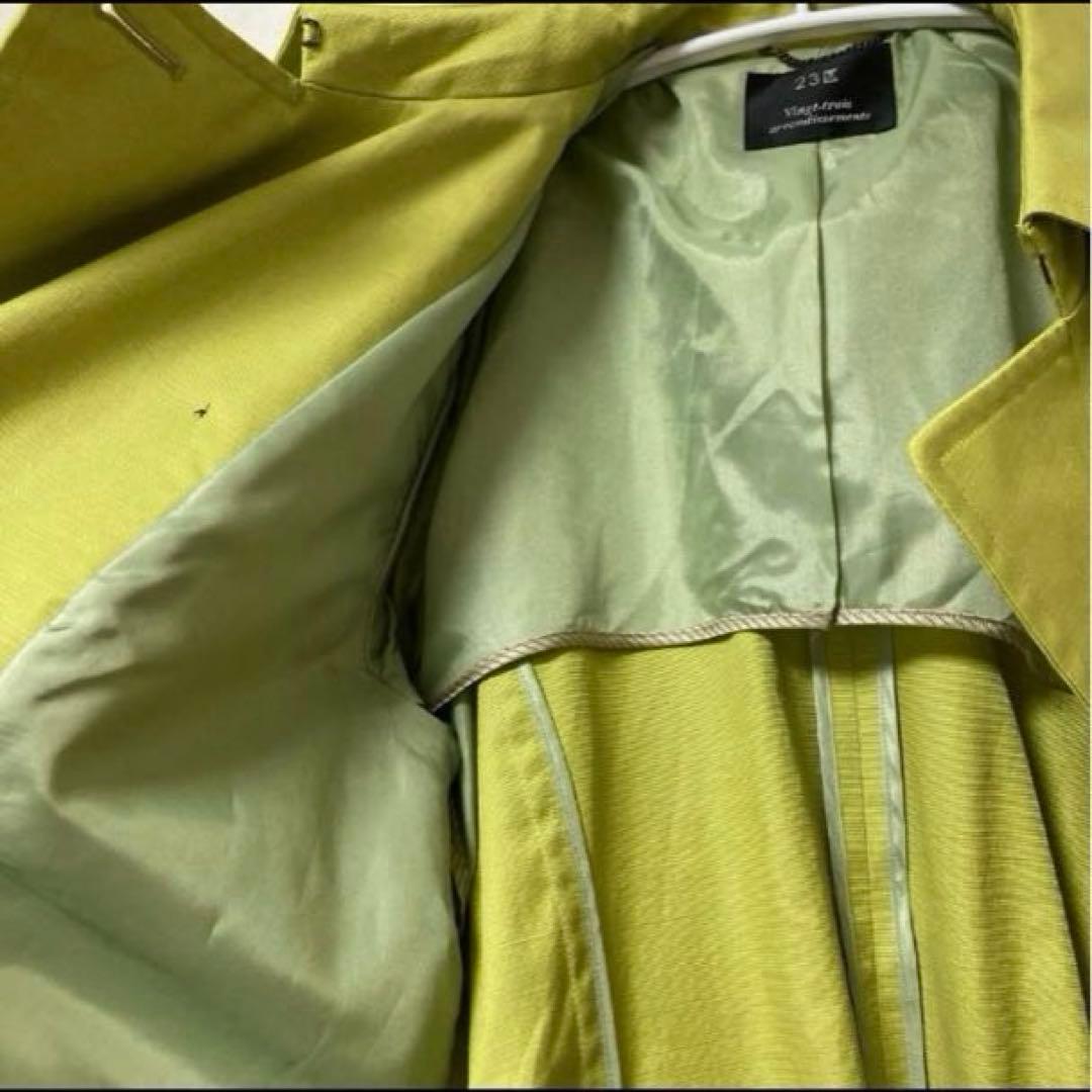 美品23区大きめレディーストレンチコート　ロングコート46号ライムグリーン黄緑