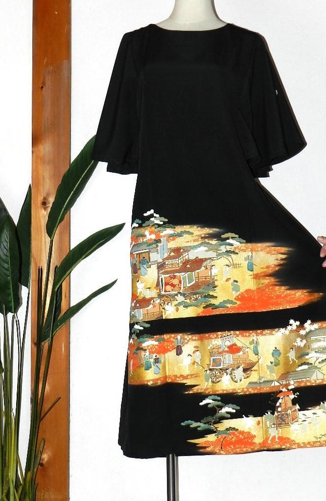 留袖　ワンピース　ドレス　フレアー袖　手書き友禅染　正絹　455　夢ちりめん