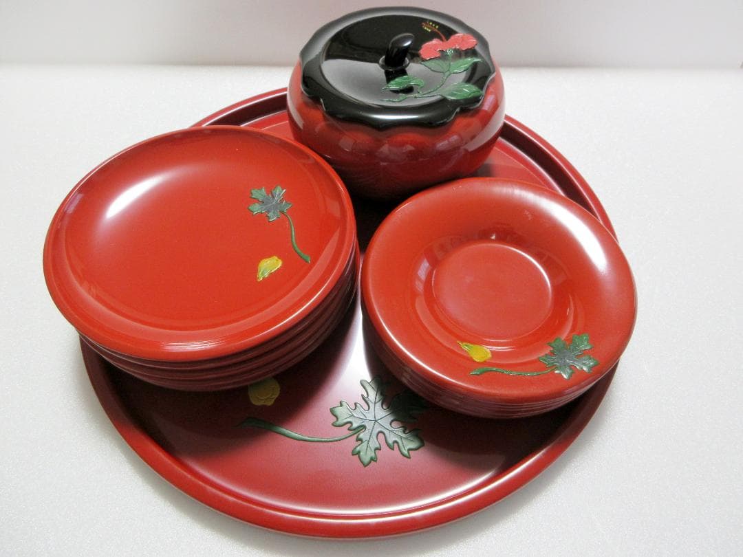 【美品】琉球漆器 菓子器 銘々皿 茶托 丸盆 計12点まとめて / 沖縄伝統工芸