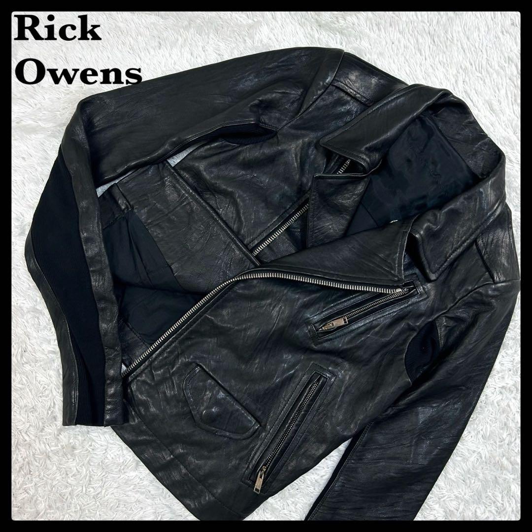 5913【美品】リックオウエンス‪☆異素材切替ライダースジャケット ラムレザー