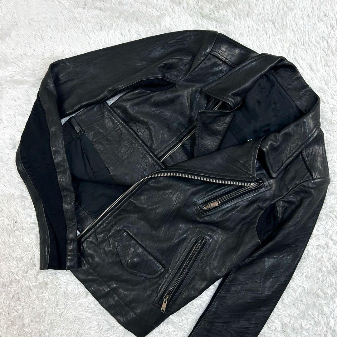 5913【美品】リックオウエンス‪☆異素材切替ライダースジャケット ラムレザー
