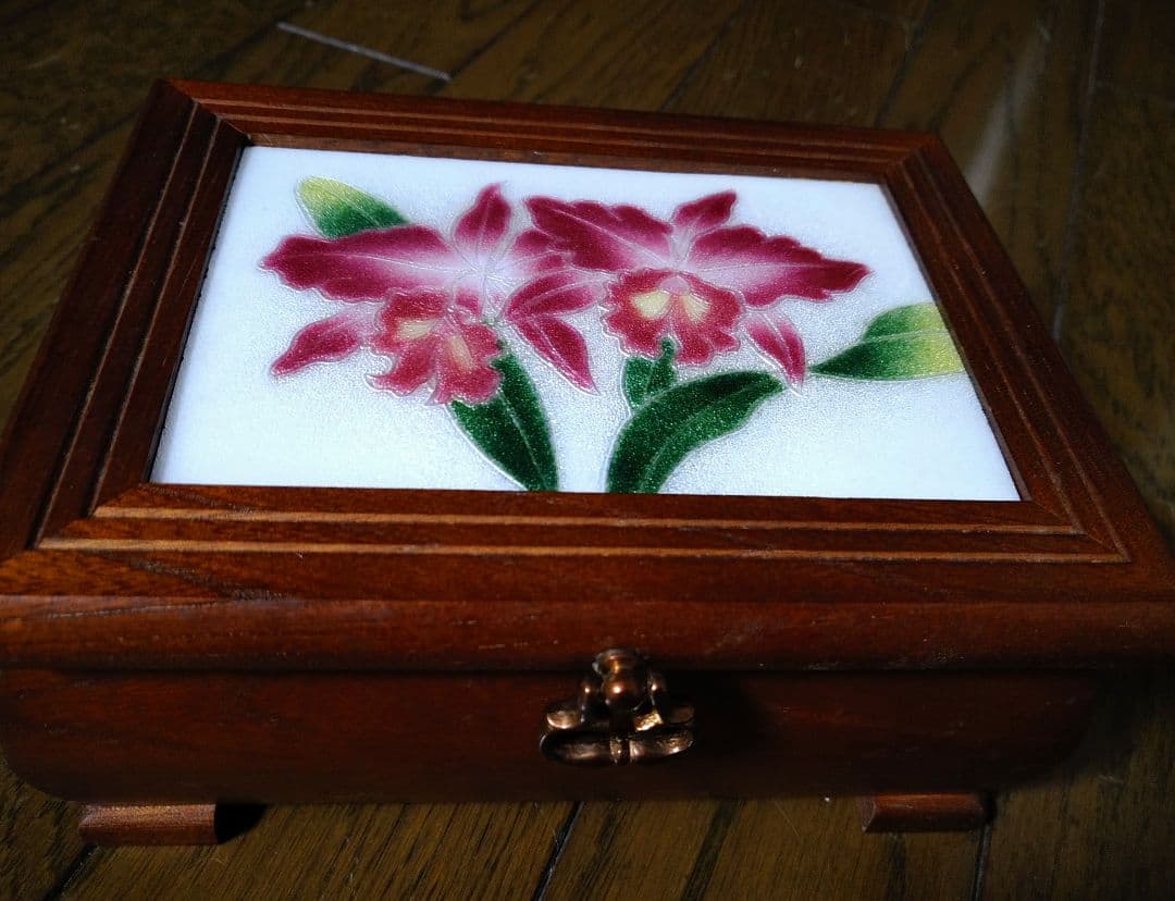 七宝焼き（カトレア柄）オルゴール宝石箱・ゴッドファーザーオルゴール・愛のテーマ