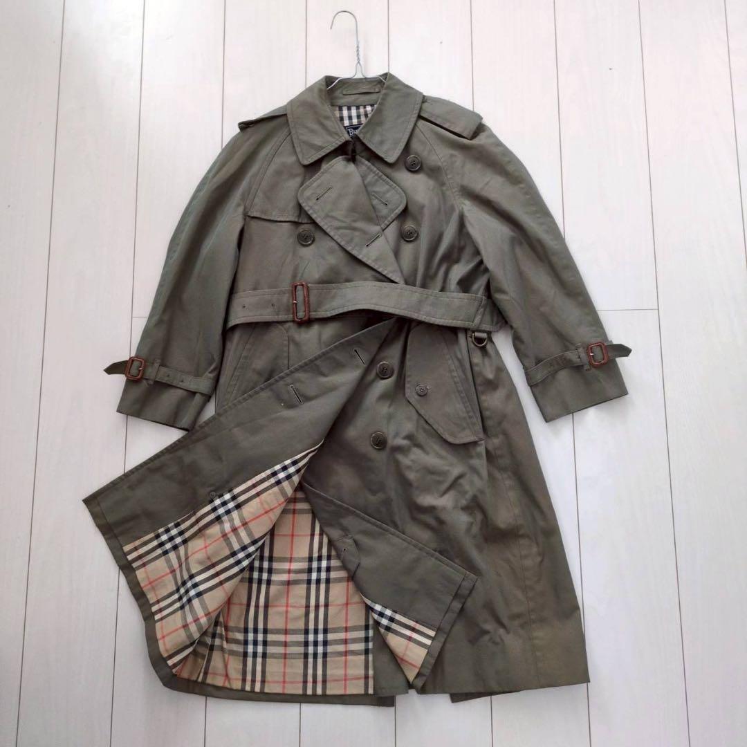 Burberrys ステンカラーコート カーキ 裏地ノバチェック　ベルト付き