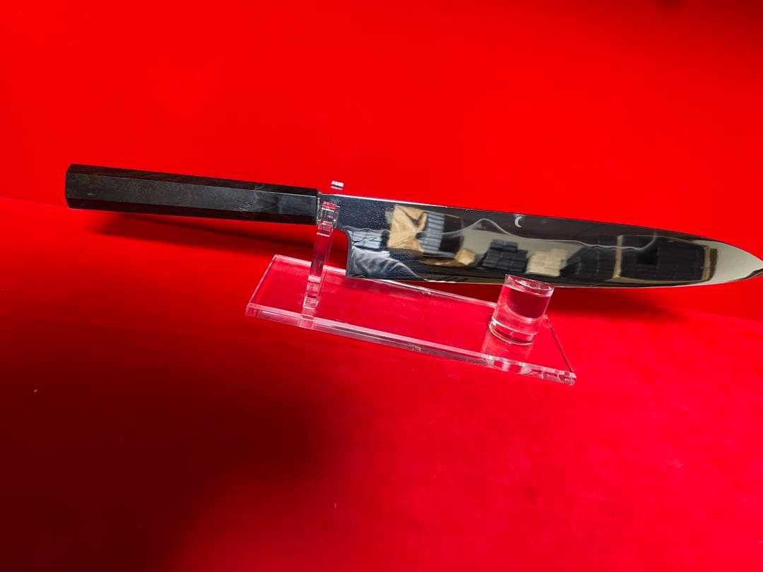 01521 包丁　牛刀　水本焼　富士山残月浮紋 白鋼　9寸　鏡面仕上げ　未使用品