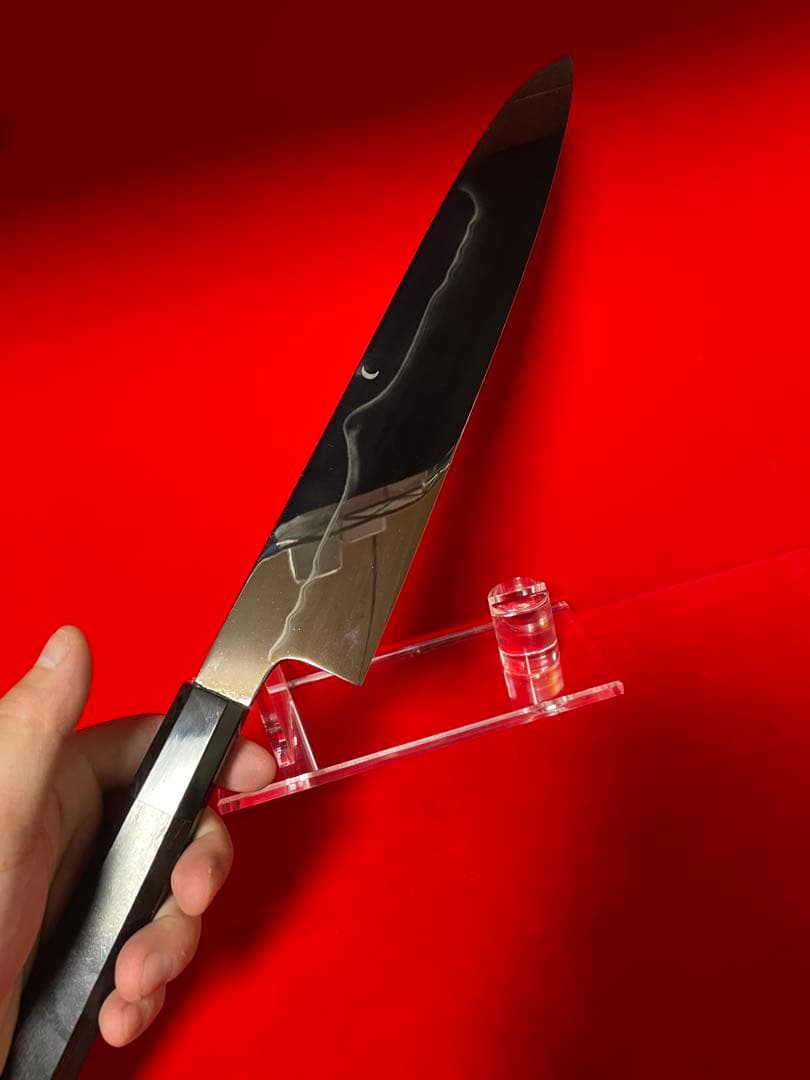 01521 包丁　牛刀　水本焼　富士山残月浮紋 白鋼　9寸　鏡面仕上げ　未使用品