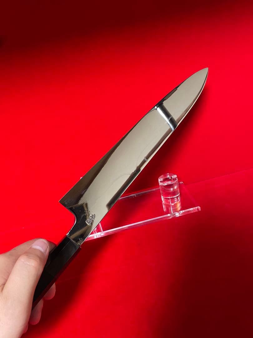 01521 包丁　牛刀　水本焼　富士山残月浮紋 白鋼　9寸　鏡面仕上げ　未使用品