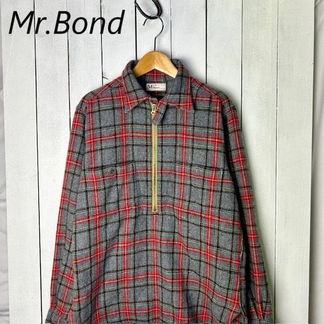 Mr.Bond タータンチェック チンスト付き ハーフジップウールシャツ S～M