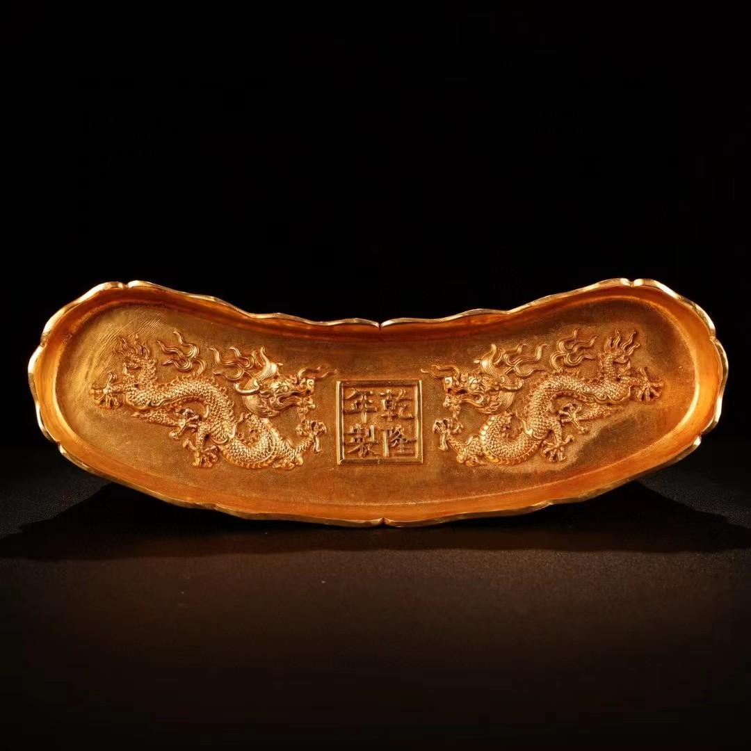 中国古美術・旧藏純銅製の高浮彫鎏金錾彫のペン立て・案頭・置物・文房具・風水開運