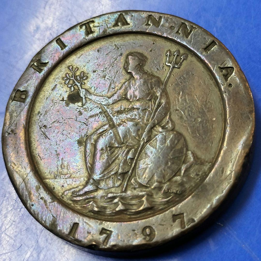 イギリス　2ペンス銅貨（車輪銭）ジョージ3世/ブリタニア（1797年）※光沢あり