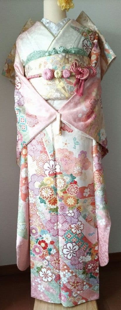 446.振袖7点セット　正絹　フルセット　成人式　京都きもの友禅 細身　美品