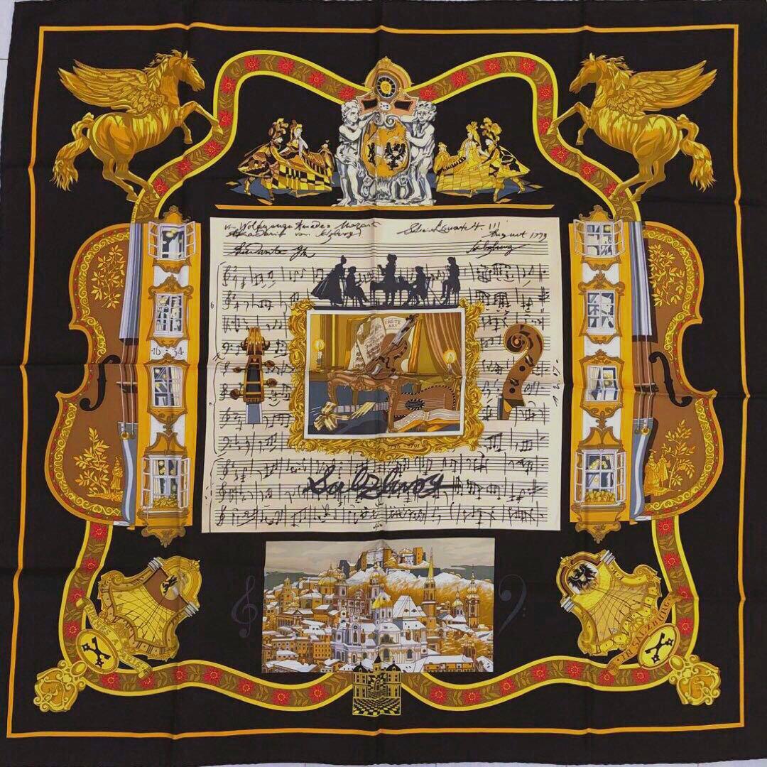 HERMES エルメス スカーフ カレ90 大判 黒 黄 ゴールド 音符