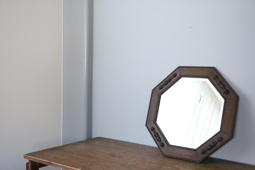 英国アンティーク木製カッティングミラー/壁掛け鏡オクタゴン八角形(87-121)