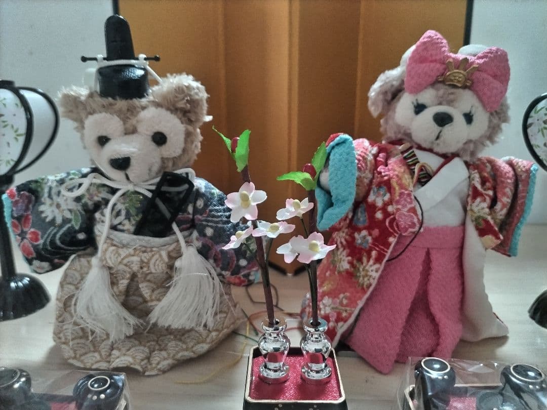 ダッフィーシェリーメイ　ハンドメイド雛人形セット　立ちぬいバお雛様、お内裏様