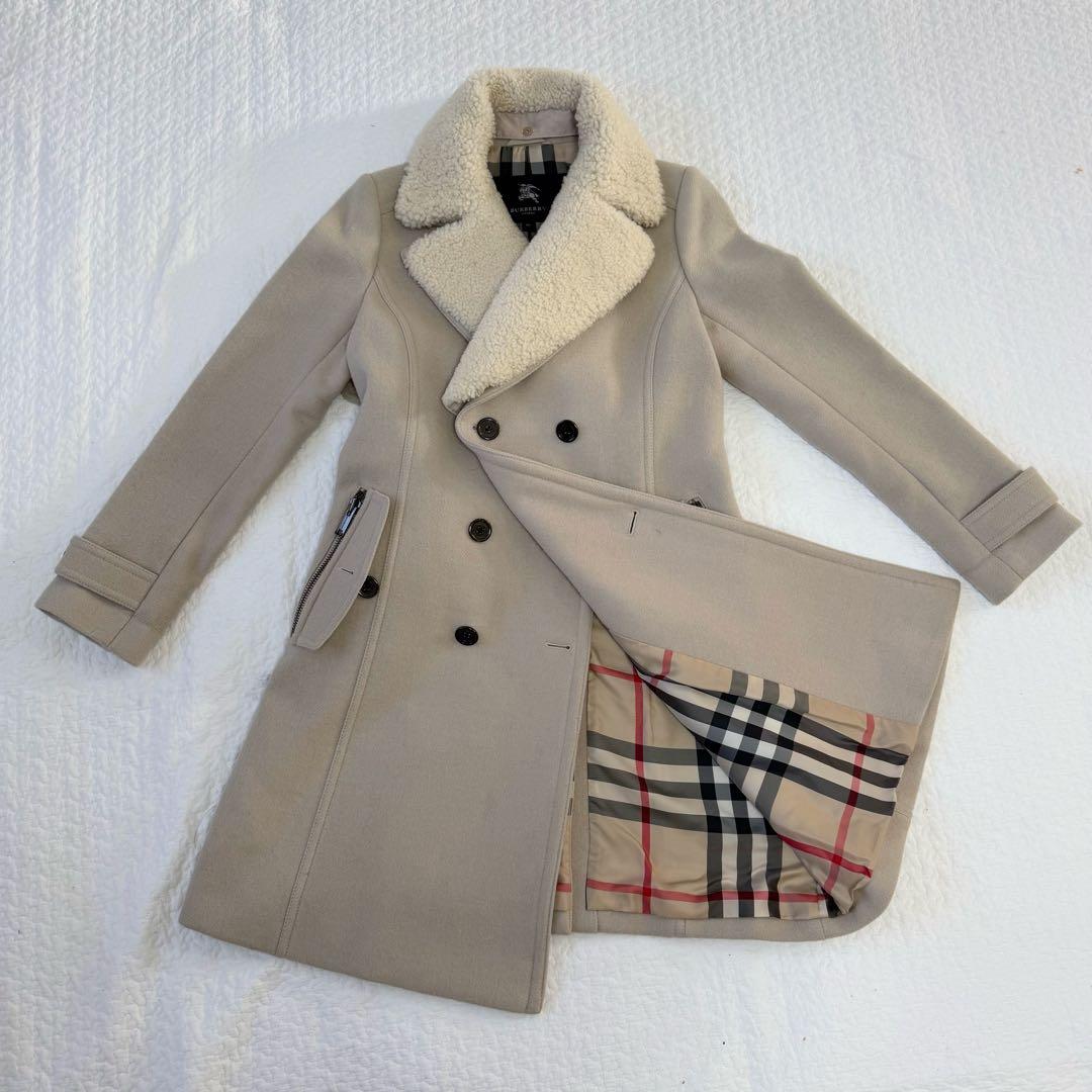 バーバリーロンドン 襟ボア ウールトレンチ ロング ノバチェック 38