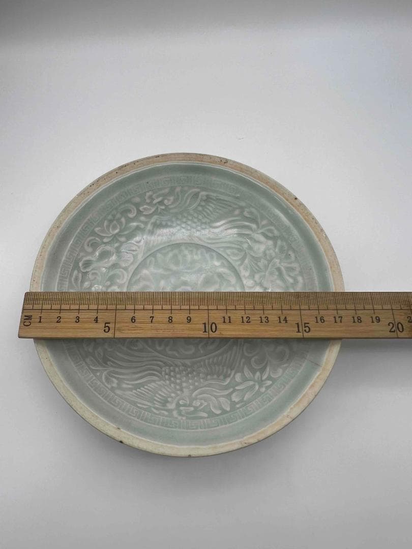 北宋時代　青白磁牡丹鳳凰文盤　茶皿　茶鉢　景徳鎮　影青　唐物(B-98)