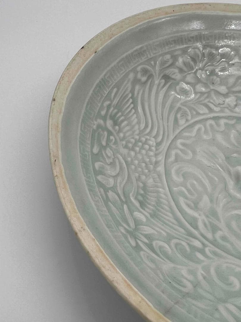 北宋時代　青白磁牡丹鳳凰文盤　茶皿　茶鉢　景徳鎮　影青　唐物(B-98)