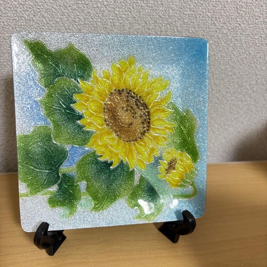 創作七宝　飾り皿　ひまわり・トルコキキョウ