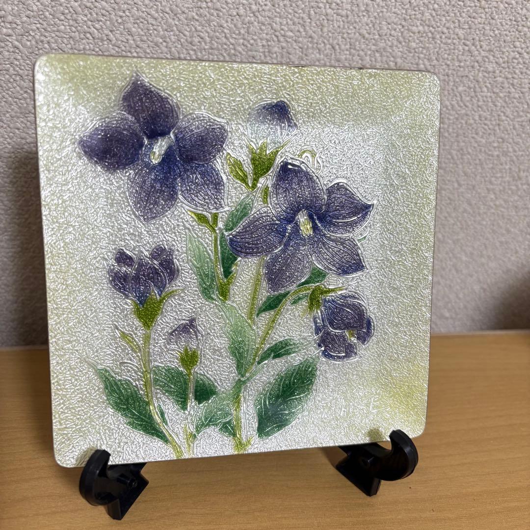 創作七宝　飾り皿　ひまわり・トルコキキョウ