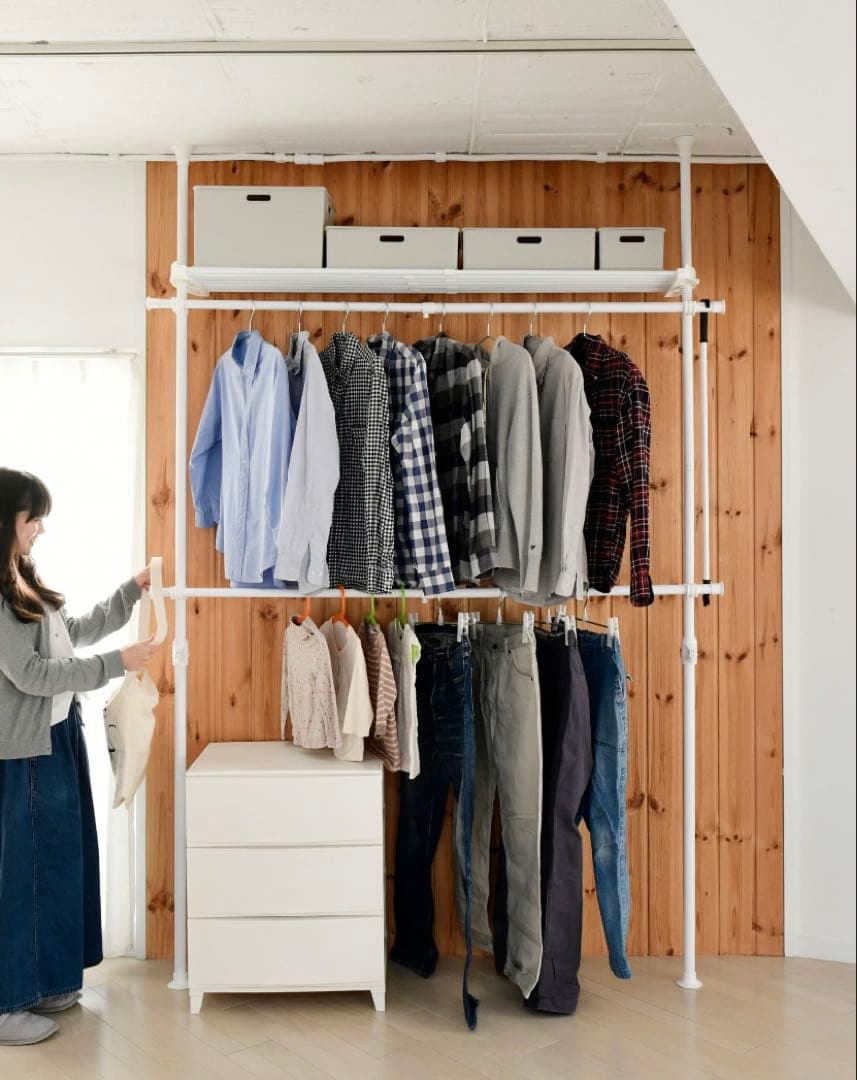 【新品未開封】山善 YAMAZEN 突っ張り式 ハンガーラック 移動可能板棚２つ