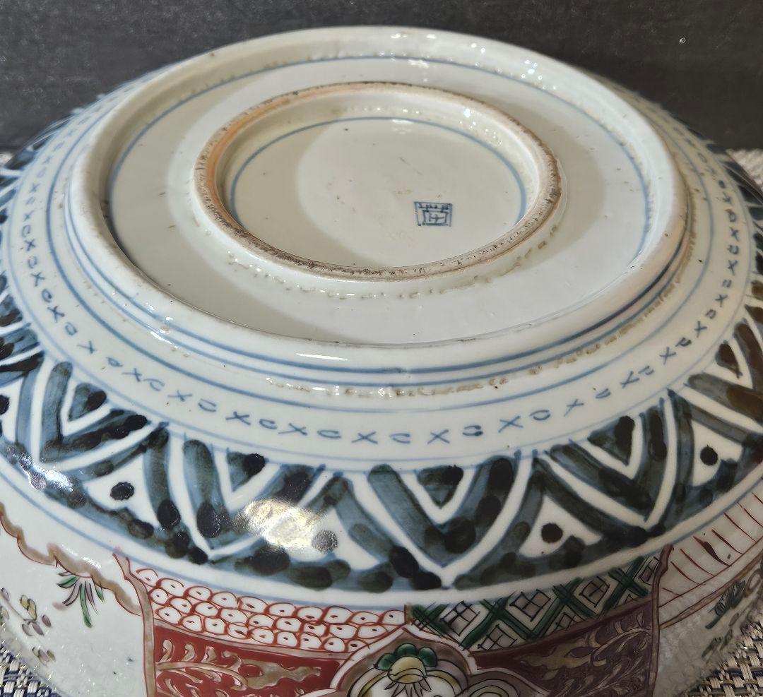 豪華絢爛　江戸時代後期　古伊万里　染錦　麒麟に宝尽し　市松文様　24.3cm大鉢