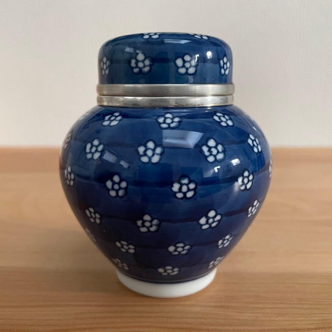 【保管品】源右衛門 錫半 コラボ 茶壺 茶筒 染付梅地紋 すず製品