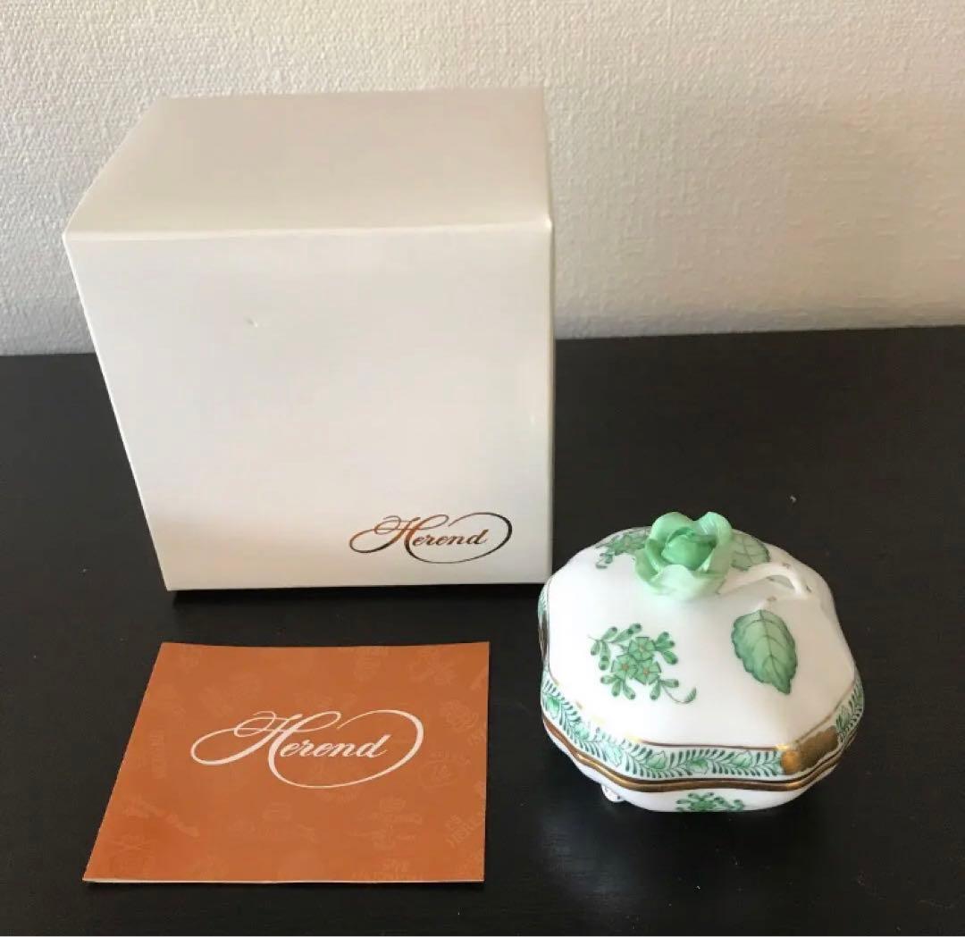 ヘレンド アポニーグリーン 小物入れ HEREND グリーンのバラ 蓋付小物入