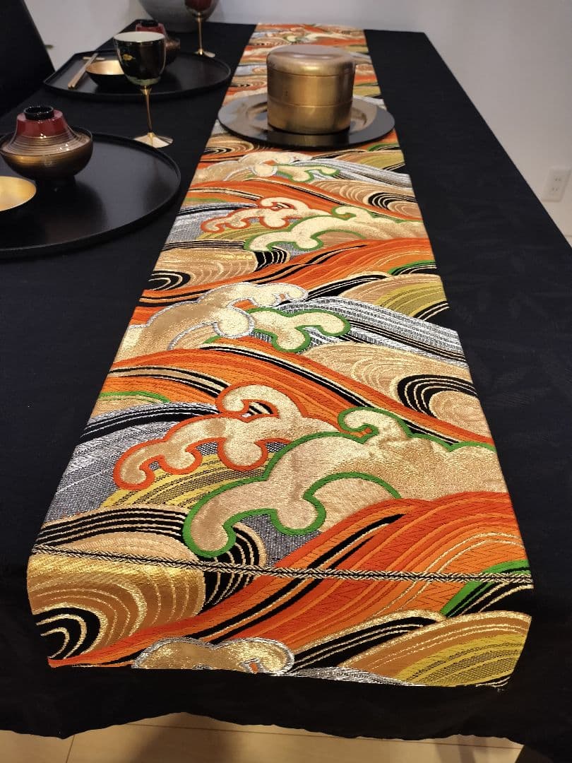 A926豪華‼️節分‼️波模様‼️正絹テーブルランナー1ｍ97cm