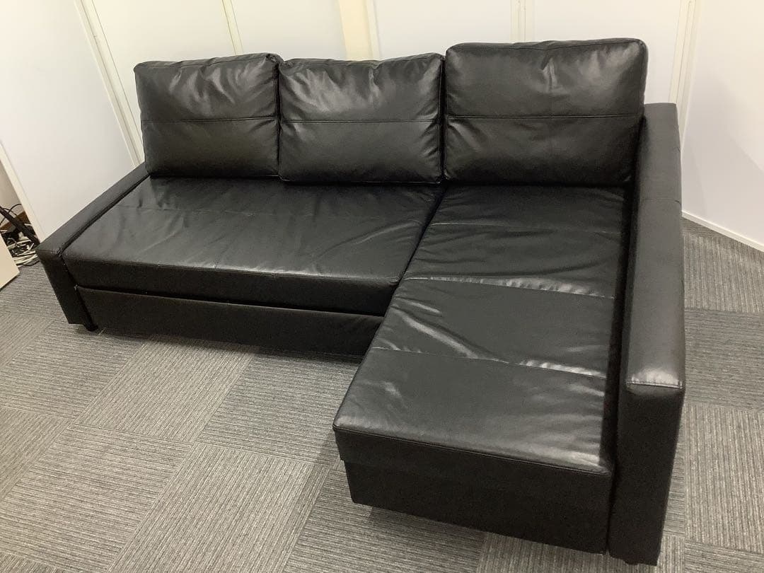 【直接引取限定】イケア 革張りコーナーソファベッド 収納付き フリーヘーテン（★