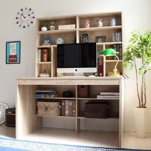 【新品・送料無料】パソコンデスク 上下書棚付き 115cm幅 オーク 上下一体型