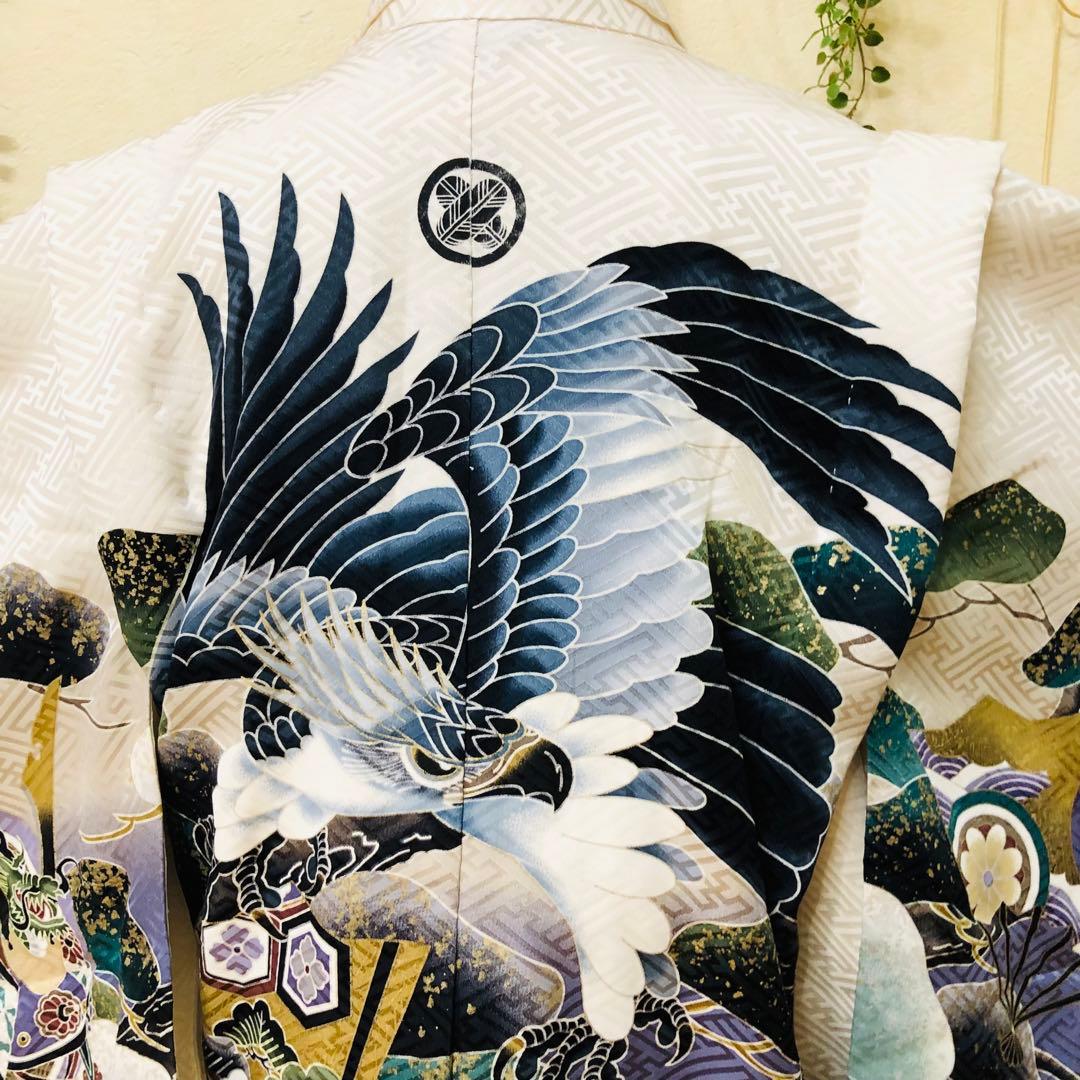 七五三五歳‼️正絹完全️フルセット‼️白地貴重豪華絢爛金彩金箔鷹、兜❤️お家からはなし