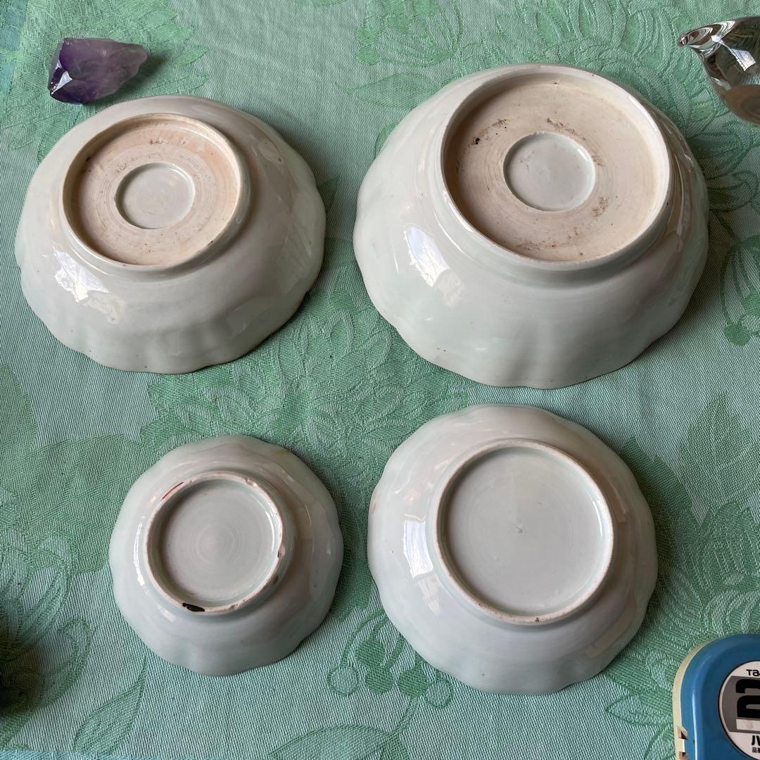 古伊万里　金彩　染付　扇　葵　小皿　膾皿　4客