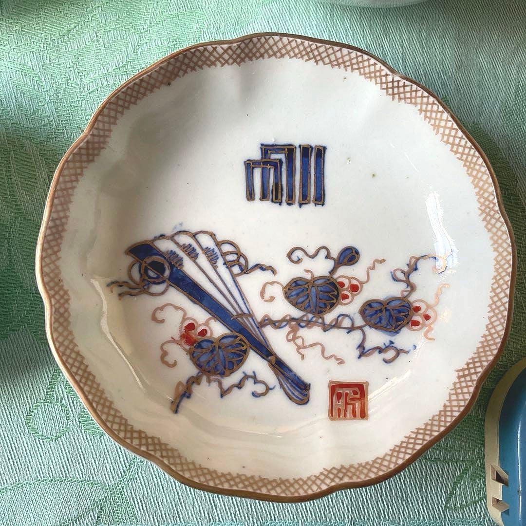 古伊万里　金彩　染付　扇　葵　小皿　膾皿　4客