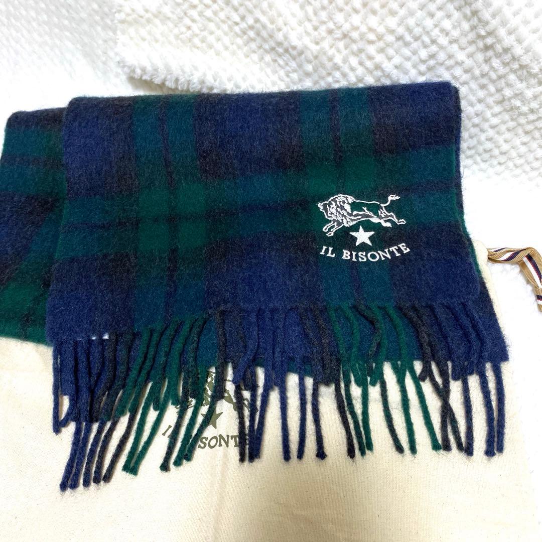 未使用級】IL BISONTE イルビゾンテ ロゴ ウール100% マフラー 緑