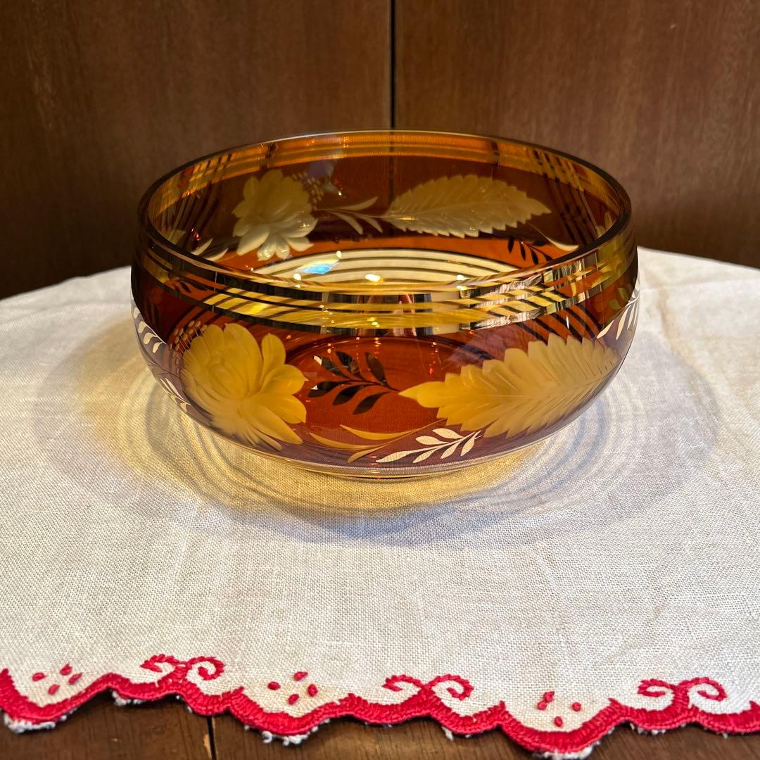 ヴィンテージチェコボヘミアングラスアンバーエッチング＆ゴールドインテリアボウル