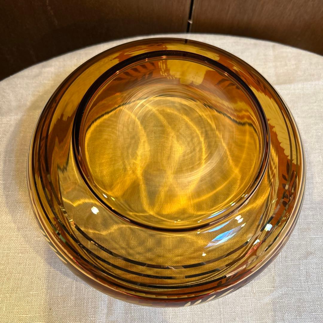ヴィンテージチェコボヘミアングラスアンバーエッチング＆ゴールドインテリアボウル