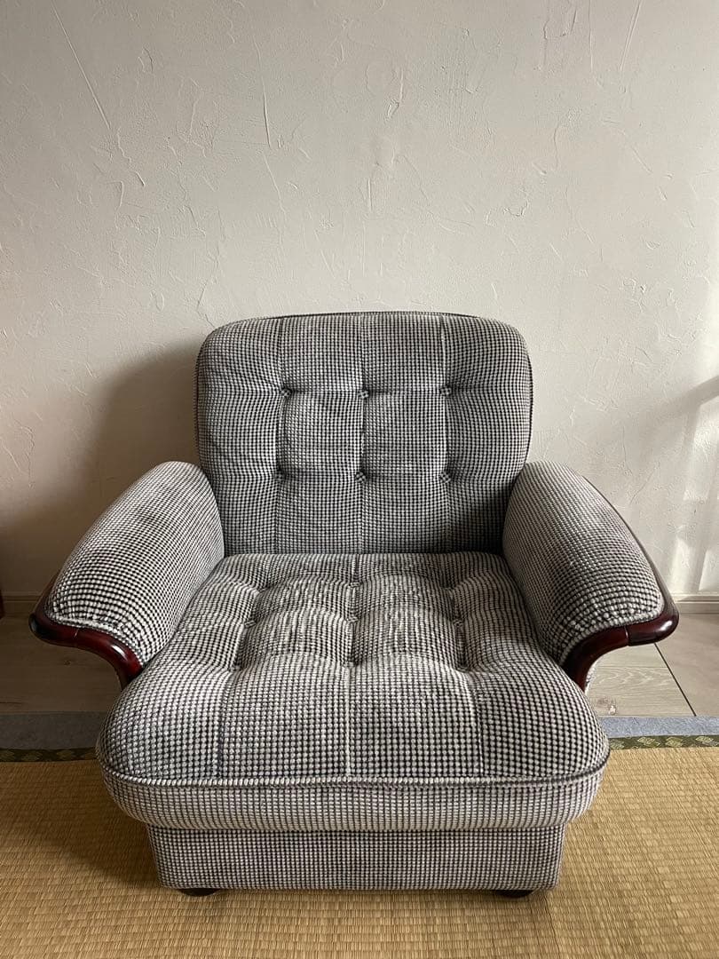 オールドカリモク　チェック柄 1人掛けソファ