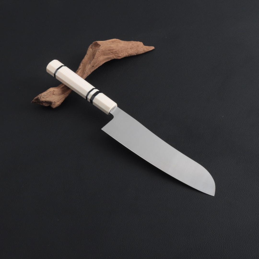 8937 三徳包丁 7寸 刺身包丁 両刃 万能包丁 人工象牙黒三本巻八角柄