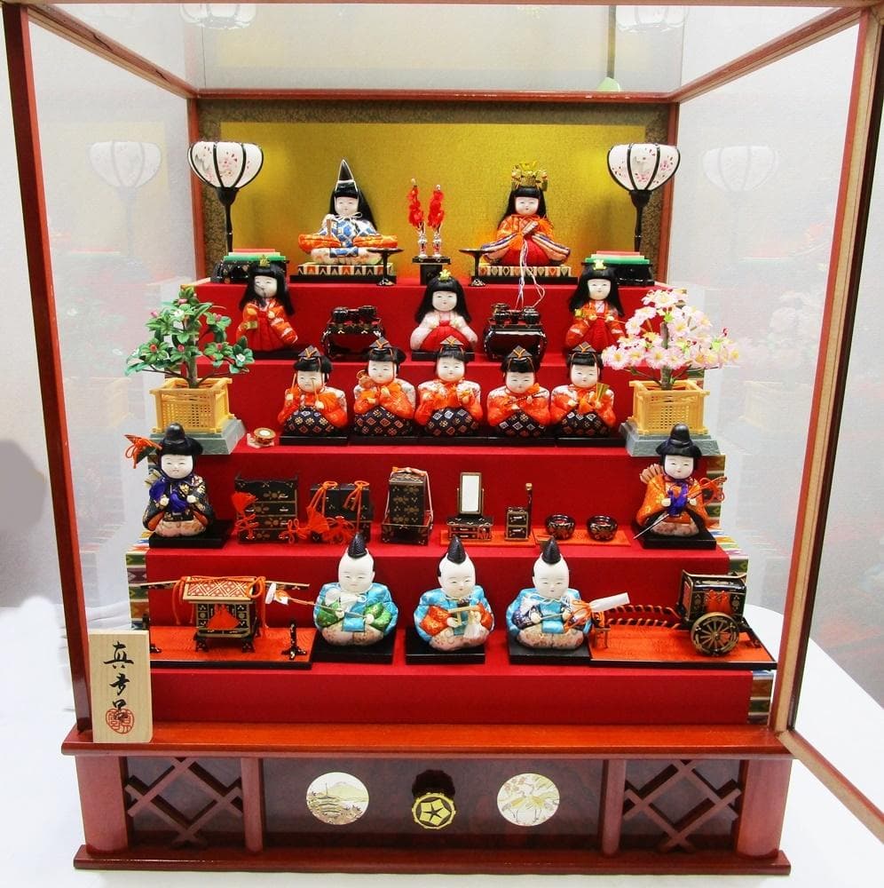 a0905-7真多呂人形 雛人形 若葉雛 豆雛 15人雛 五段飾りオルゴール
